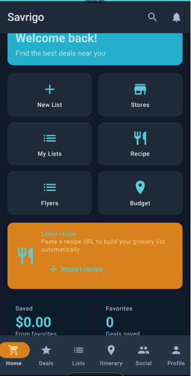 Savrigo App Screen